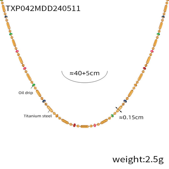 Sweet Style Mini Design Oil Dropping Bead Titanium Steel Necklace Bracelet Anklet Set For Women With Geometric Style And Electroplating Treatment