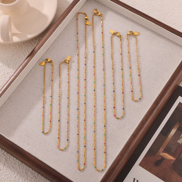 Sweet Style Mini Design Oil Dropping Bead Titanium Steel Necklace Bracelet Anklet Set For Women With Geometric Style And Electroplating Treatment