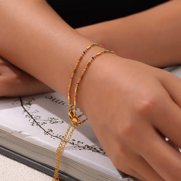 Sweet Style Mini Design Oil Dropping Bead Titanium Steel Necklace Bracelet Anklet Set For Women With Geometric Style And Electroplating Treatment