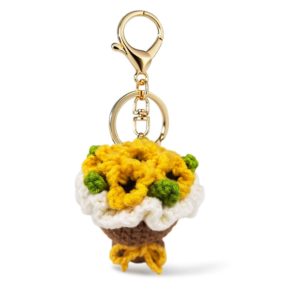 Sweet Style Sunflower And Rose Bouquet Hand Knitted Yarn Keychain Pendant With Copper Accent Gift For Women