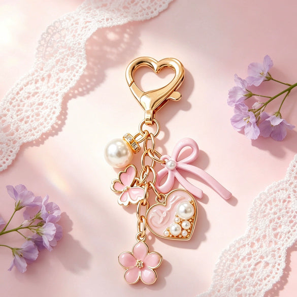 Sweet Style Zinc Alloy Oil Drip Flower Keychain With Butterfly Heart Shaped Pearl Pendant Cute Keychain Accessory