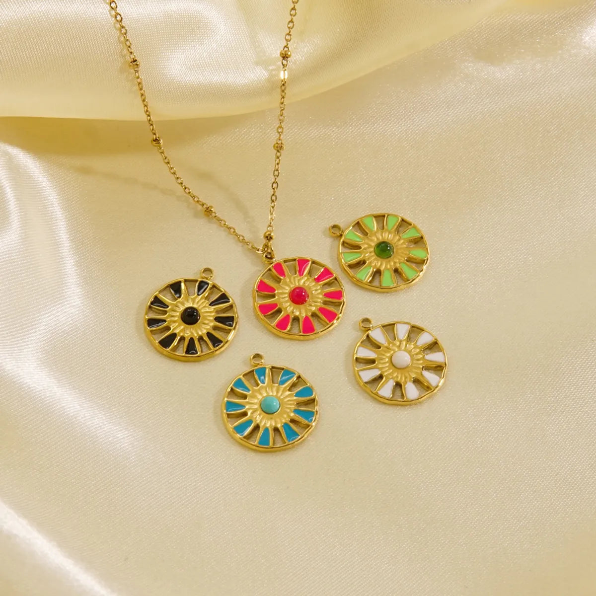 Sweet Sun Titanium Steel Enamel Inlay Natural Stone Pendant Necklace