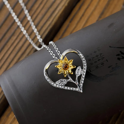 Sweet Sunflower Heart Shape Alloy Iron Plating Inlay Rhinestones White Gold Plated Women's Pendant Necklace