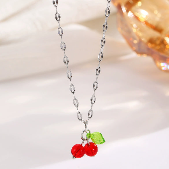 Sweet Temperament Fruit Cherry Copper Women's Necklace With Zircon Inlay And Electroplating Cross Chain