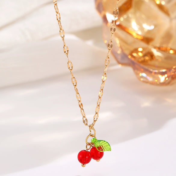 Sweet Temperament Fruit Cherry Copper Women's Necklace With Zircon Inlay And Electroplating Cross Chain