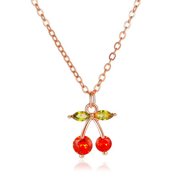 Sweet Temperament Fruit Cherry Copper Women's Necklace With Zircon Inlay And Electroplating Cross Chain