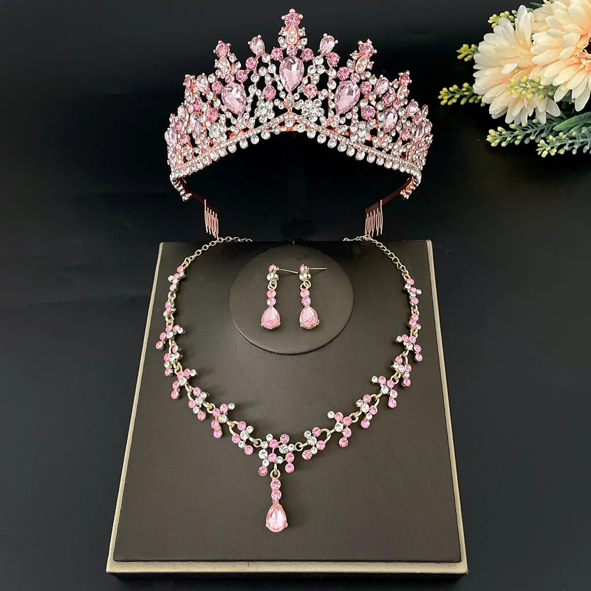 Sweet Water Droplets Heart Shape Alloy Plating Inlay Rhinestones Women's Crown Earrings Necklace