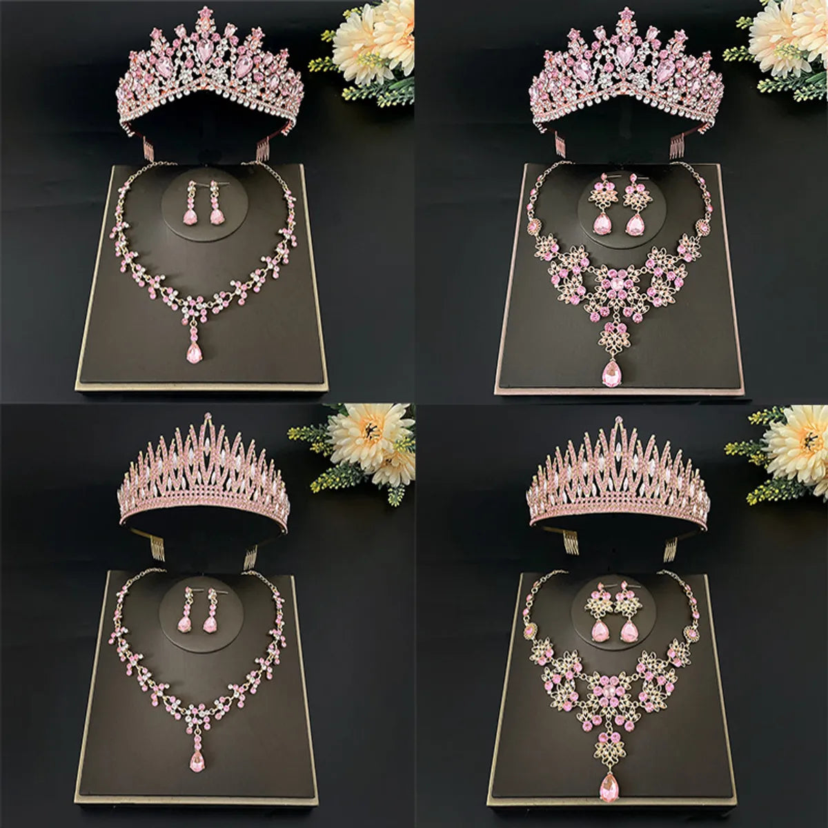 Sweet Water Droplets Heart Shape Alloy Plating Inlay Rhinestones Women's Crown Earrings Necklace