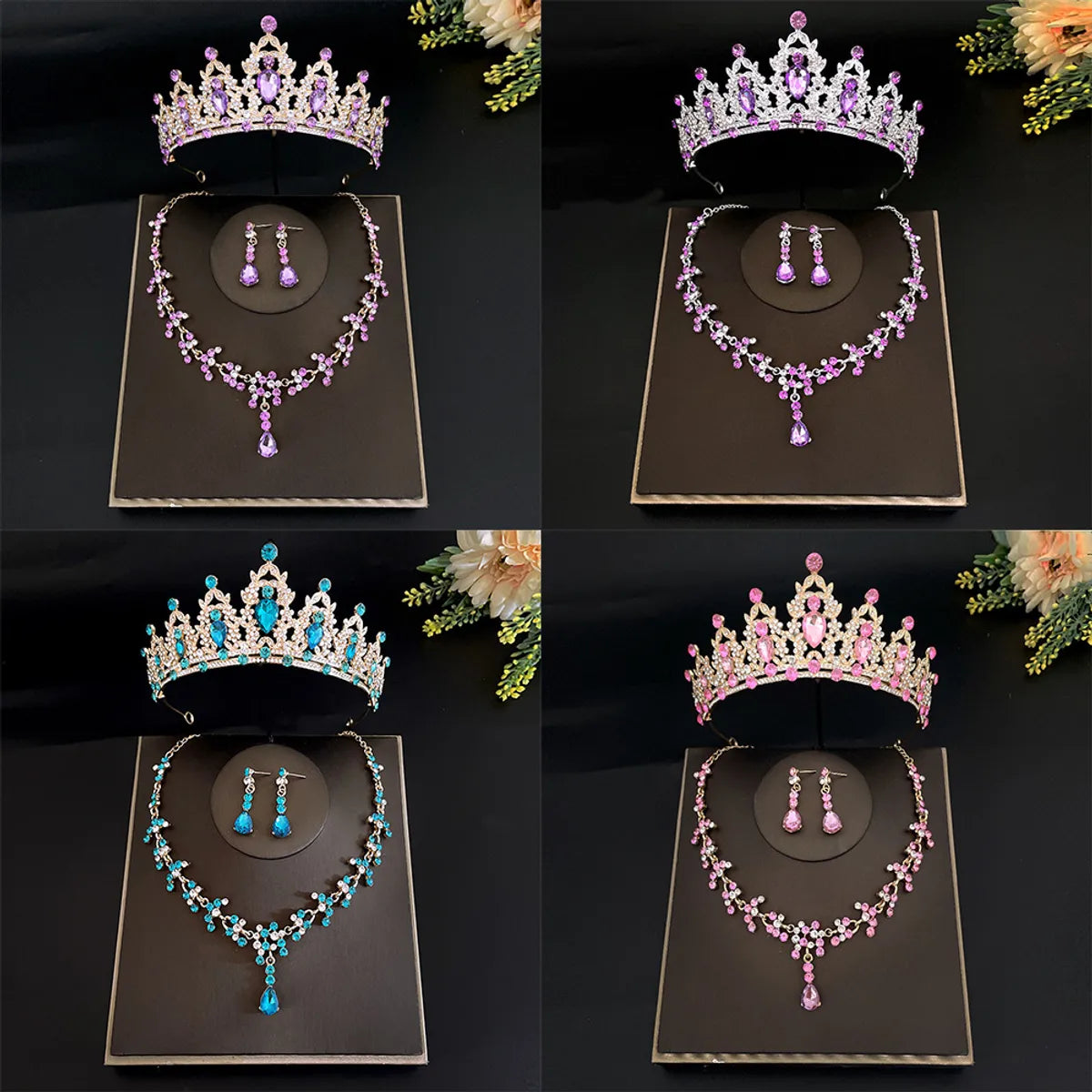 Sweet Water Droplets Heart Shape Alloy Plating Inlay Rhinestones Women'S Crown Earrings Necklace