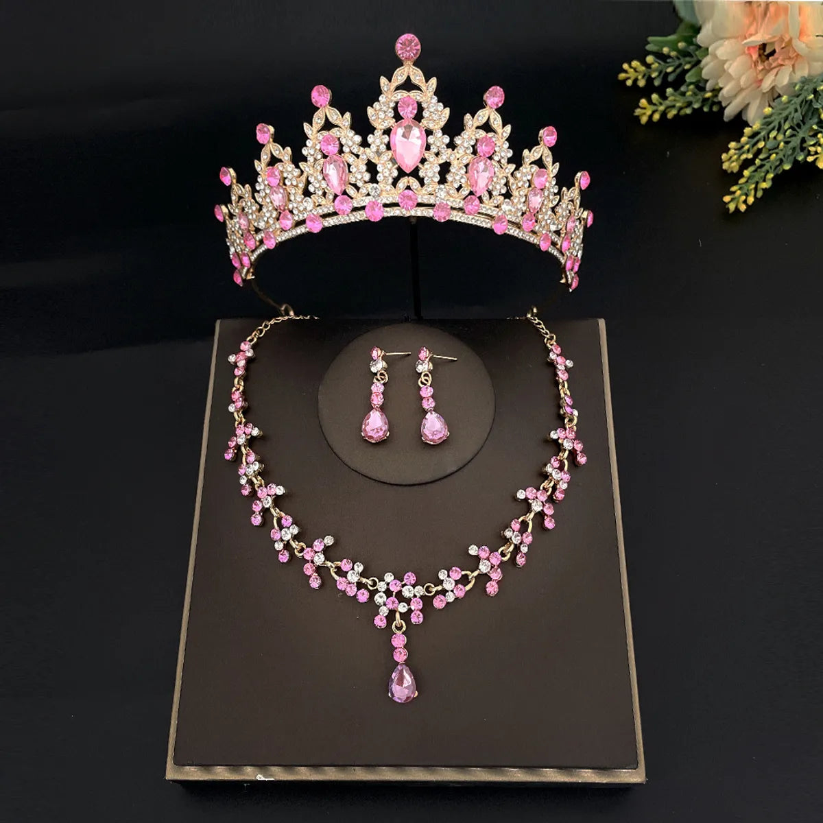 Sweet Water Droplets Heart Shape Alloy Plating Inlay Rhinestones Women'S Crown Earrings Necklace