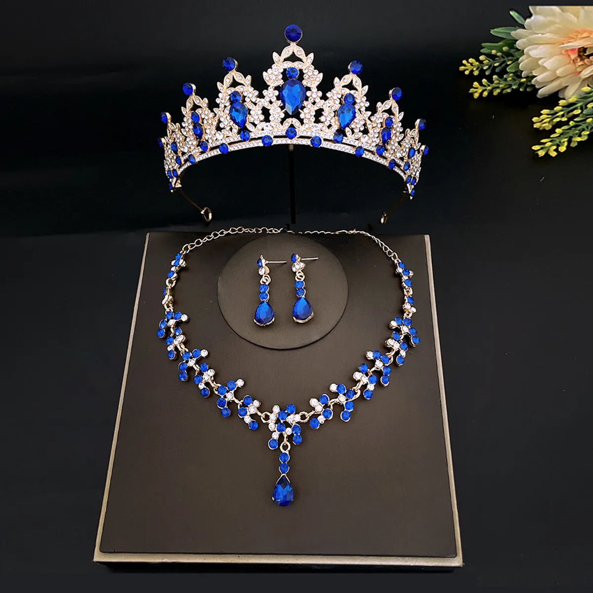 Sweet Water Droplets Heart Shape Alloy Plating Inlay Rhinestones Women'S Crown Earrings Necklace