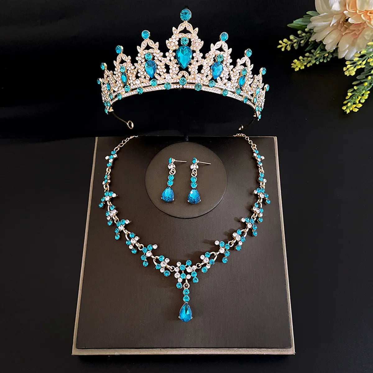 Sweet Water Droplets Heart Shape Alloy Plating Inlay Rhinestones Women'S Crown Earrings Necklace