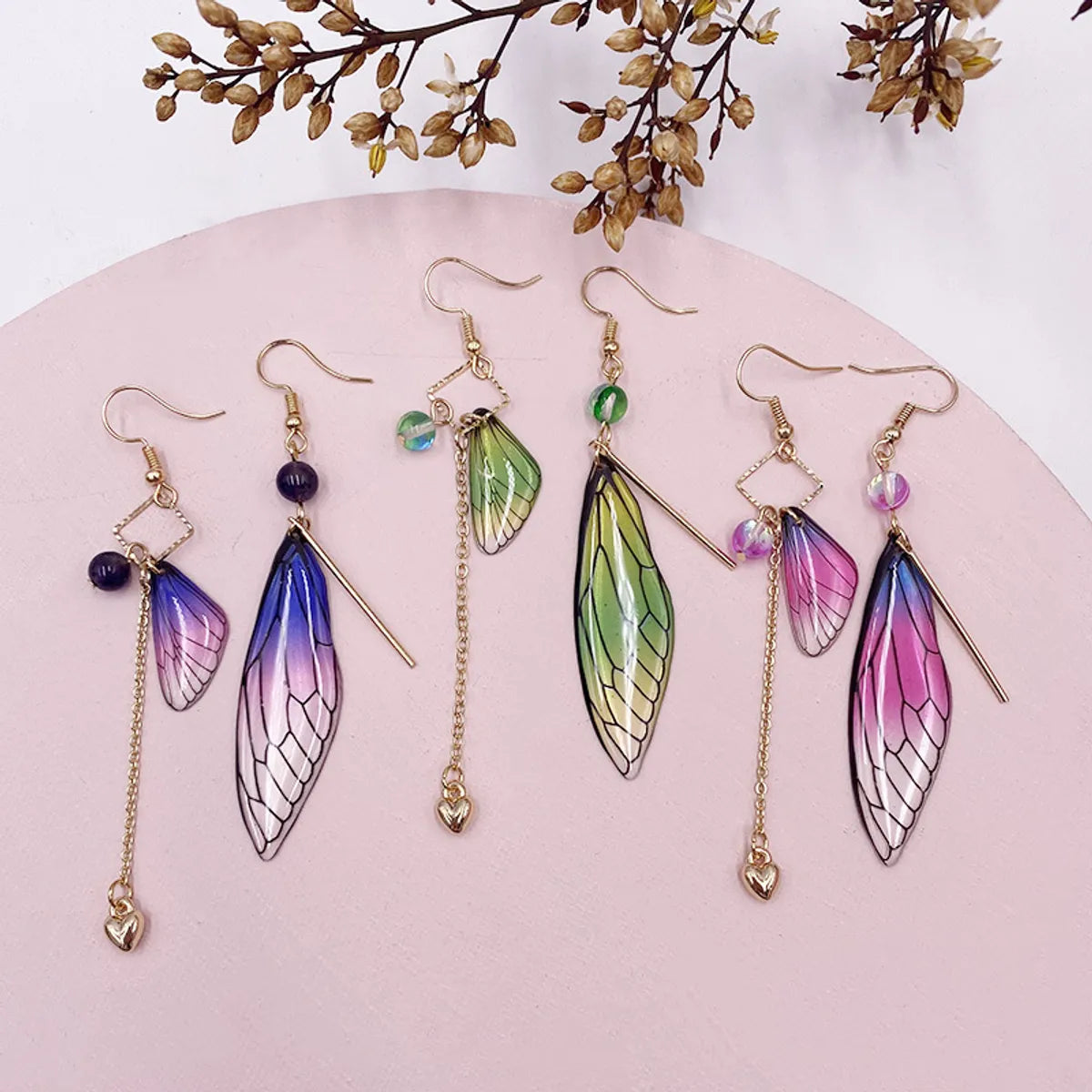 Sweet Wings Alloy Plastic Asymmetrical Rhinestones Women's Drop Earrings 1 Pair