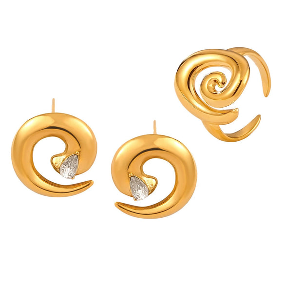 Swivel Thread Gold Plated Titanium Steel Earrings And Ring Set With Diamond Design Sense And Electroplating Treatment For Women