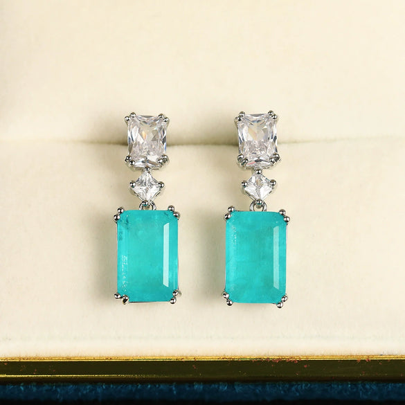 Synthetic Paraiba Sapphire Earrings Copper Geometric Zircon Inlaid