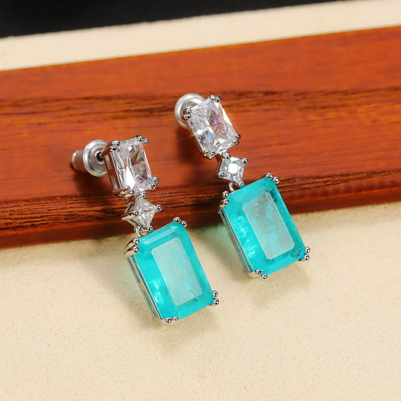 Synthetic Paraiba Sapphire Earrings Copper Geometric Zircon Inlaid