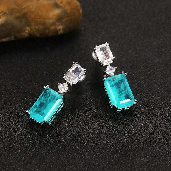 Synthetic Paraiba Sapphire Earrings Copper Geometric Zircon Inlaid