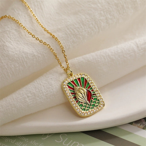 Tarot Card Pendant Necklace Copper Dripping Oil Style With Geometric Animal Zodiac Pattern Microinlaid Colored Zircon On O Chain For Women