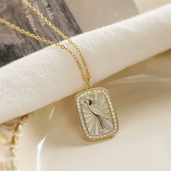 Tarot Card Pendant Necklace Copper Dripping Oil Style With Geometric Animal Zodiac Pattern Microinlaid Colored Zircon On O Chain For Women