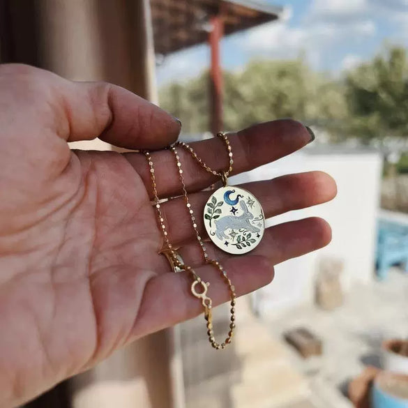 Tarot Necklace Titanium Steel With Hand Painted Oil Dripping Rabbit Element Oval And 18K Gold Color Electroplating