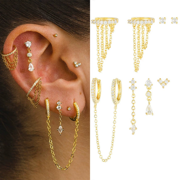 Tassel Chain Drop Shape S925 Silver Needle Earrings Copper Light Luxury Style With Zirconia For Women