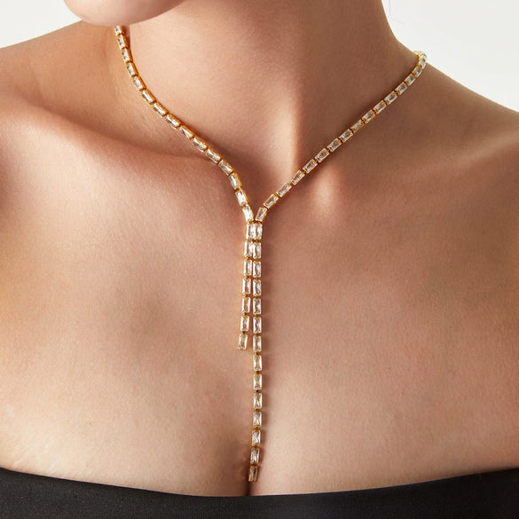 Tassel Jewelry 316L Stainless Steel Necklace With Geometric Inlay Color Zircon And Electroplating Design