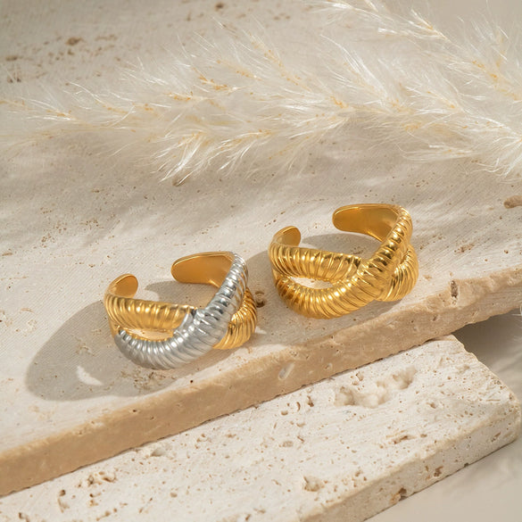 Textured Openended Colorblocking Thread Ring In Stainless Steel With Geometric Design And Electroplating For Women
