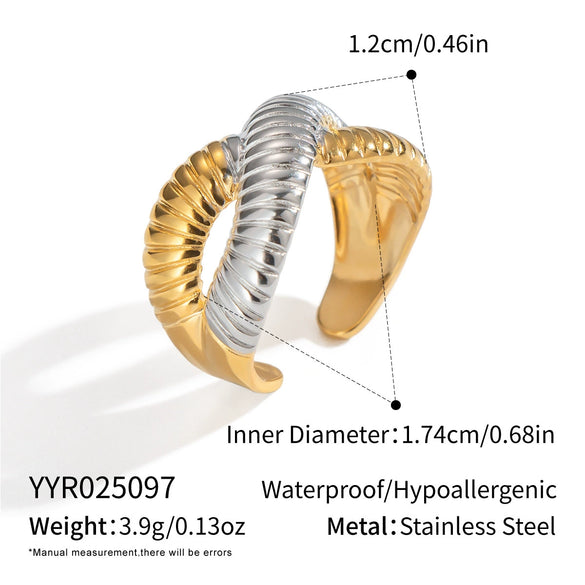 Textured Openended Colorblocking Thread Ring In Stainless Steel With Geometric Design And Electroplating For Women