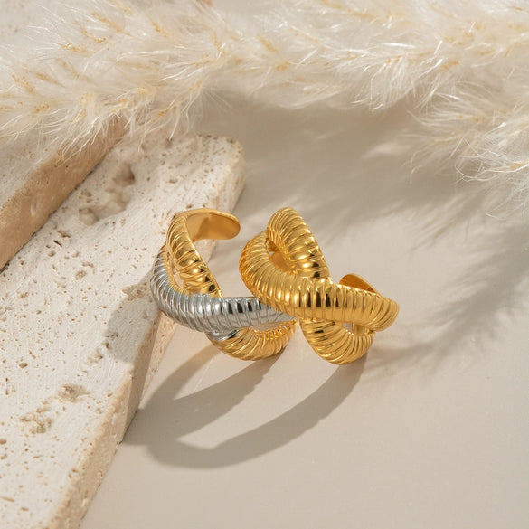 Textured Openended Colorblocking Thread Ring In Stainless Steel With Geometric Design And Electroplating For Women