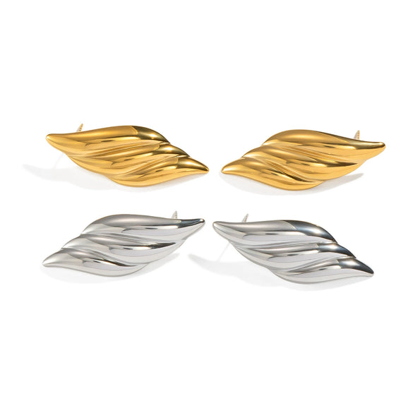 Textured Striped Leaf Stainless Steel Earrings With Geometric Pattern And Electroplating For Women