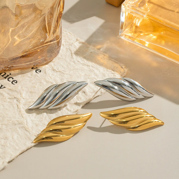 Textured Striped Leaf Stainless Steel Earrings With Geometric Pattern And Electroplating For Women