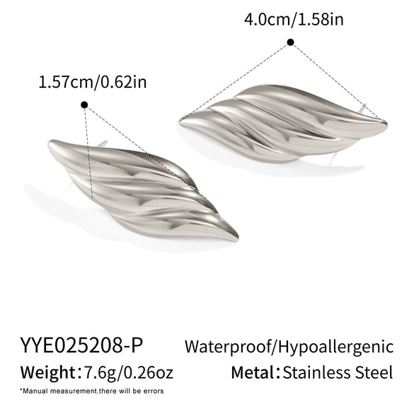 Textured Striped Leaf Stainless Steel Earrings With Geometric Pattern And Electroplating For Women