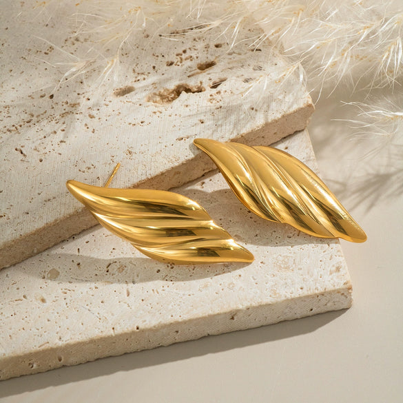 Textured Striped Leaf Stainless Steel Earrings With Geometric Pattern And Electroplating For Women