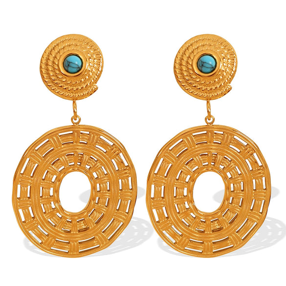 Threaded Disc 316L Stainless Steel Inlaid Natural Stone Earrings With Geometric Design And Electroplating Treatment