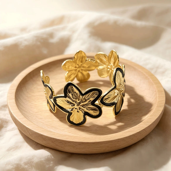 Three Dimensional Floral Enamel Cuff Bracelet With Gilded Finish And Adjustable Open Design For Modern Everyday Styling