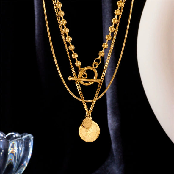 Threewearing Threelayer Round Pendant Stackable Women's Titanium Steel Necklace With Exaggerated Personality Design