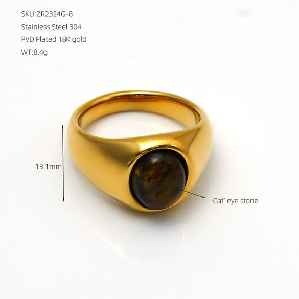 Tiger Eye Stone Oval Stainless Steel Ring With Smooth Electroplated Finish Geometric Retro Style Unisex Jewelry