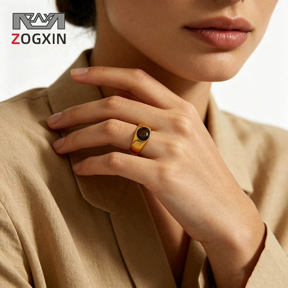 Tiger Eye Stone Oval Stainless Steel Ring With Smooth Electroplated Finish Geometric Retro Style Unisex Jewelry