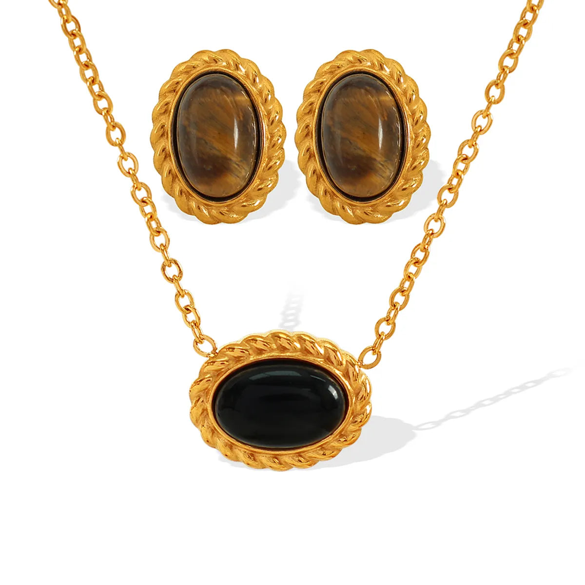 Wholesale Jewelry Elegant Retro Oval Glass Stone Tiger Eye Titanium Steel Glass Stone Tiger Eye 18K Gold Plated Plating Inlay Earrings Necklace