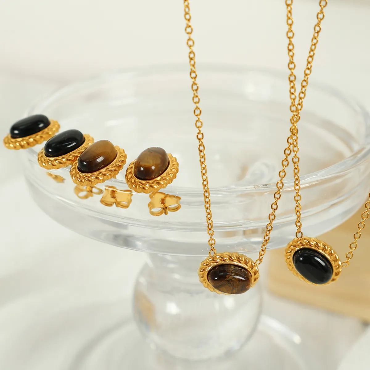 Wholesale Jewelry Elegant Retro Oval Glass Stone Tiger Eye Titanium Steel Glass Stone Tiger Eye 18K Gold Plated Plating Inlay Earrings Necklace