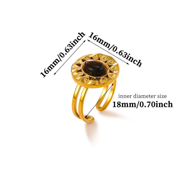 Tiger's Eye Geometric Open Ring With Hammered Sunburst Design And Gold Plated Finish Vintage Unisex Statement Jewelry