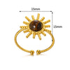 Tiger's Eye Geometric Open Ring With Hammered Sunburst Design And Gold Plated Finish Vintage Unisex Statement Jewelry