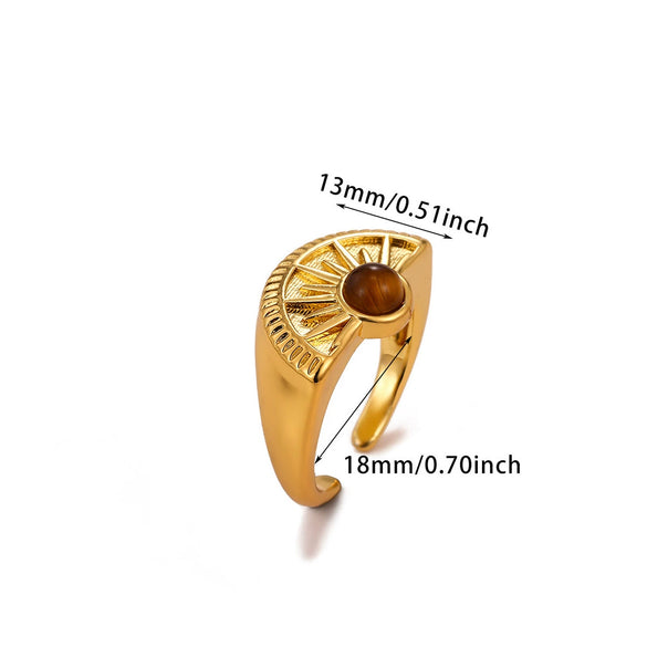 Tiger's Eye Geometric Open Ring With Hammered Sunburst Design And Gold Plated Finish Vintage Unisex Statement Jewelry