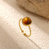 Tiger's Eye Geometric Open Ring With Hammered Sunburst Design And Gold Plated Finish Vintage Unisex Statement Jewelry