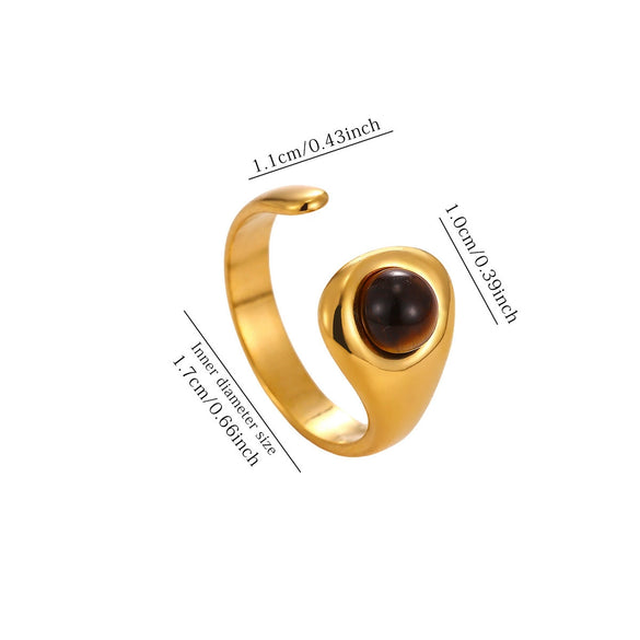 Tiger's Eye Geometric Open Ring With Hammered Sunburst Design And Gold Plated Finish Vintage Unisex Statement Jewelry