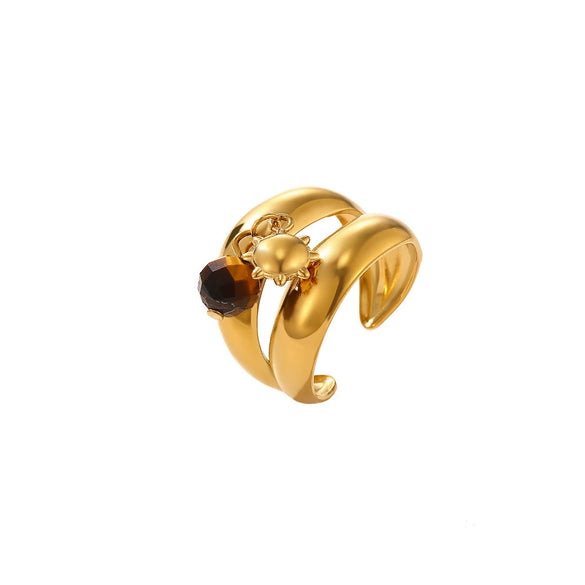 Tiger's Eye Geometric Open Ring With Hammered Sunburst Design And Gold Plated Finish Vintage Unisex Statement Jewelry