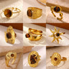 Tiger's Eye Geometric Open Ring With Hammered Sunburst Design And Gold Plated Finish Vintage Unisex Statement Jewelry