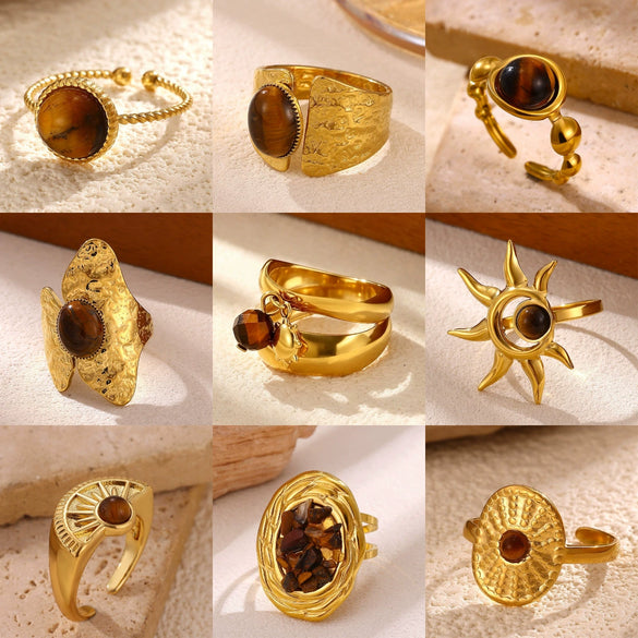 Tiger's Eye Geometric Open Ring With Hammered Sunburst Design And Gold Plated Finish Vintage Unisex Statement Jewelry