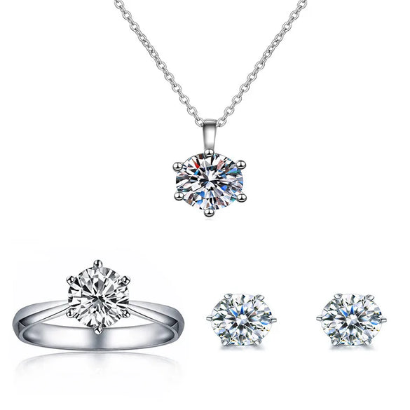 Tiktok Live Supply S925 Silver Classic Six-Claw Imitation Diamond Necklace Ring Earrings Jewelry Suit Combination