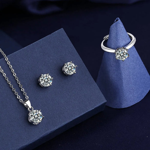 Tiktok Live Supply S925 Silver Classic Six-Claw Imitation Diamond Necklace Ring Earrings Jewelry Suit Combination